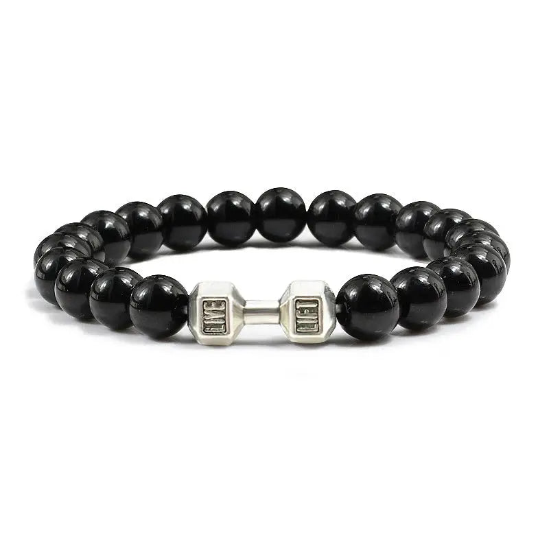 Natural Volcanic Stone Bracelet For Men And Women Matte Black Lava White Beads Dumbbell Charm Strand Fitness Jewelry