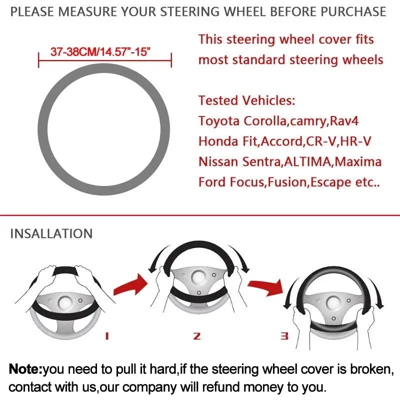 Carbon fiber steering wheel cover by Simples Market for 37–38 cm standard wheels; installation guide diagram included