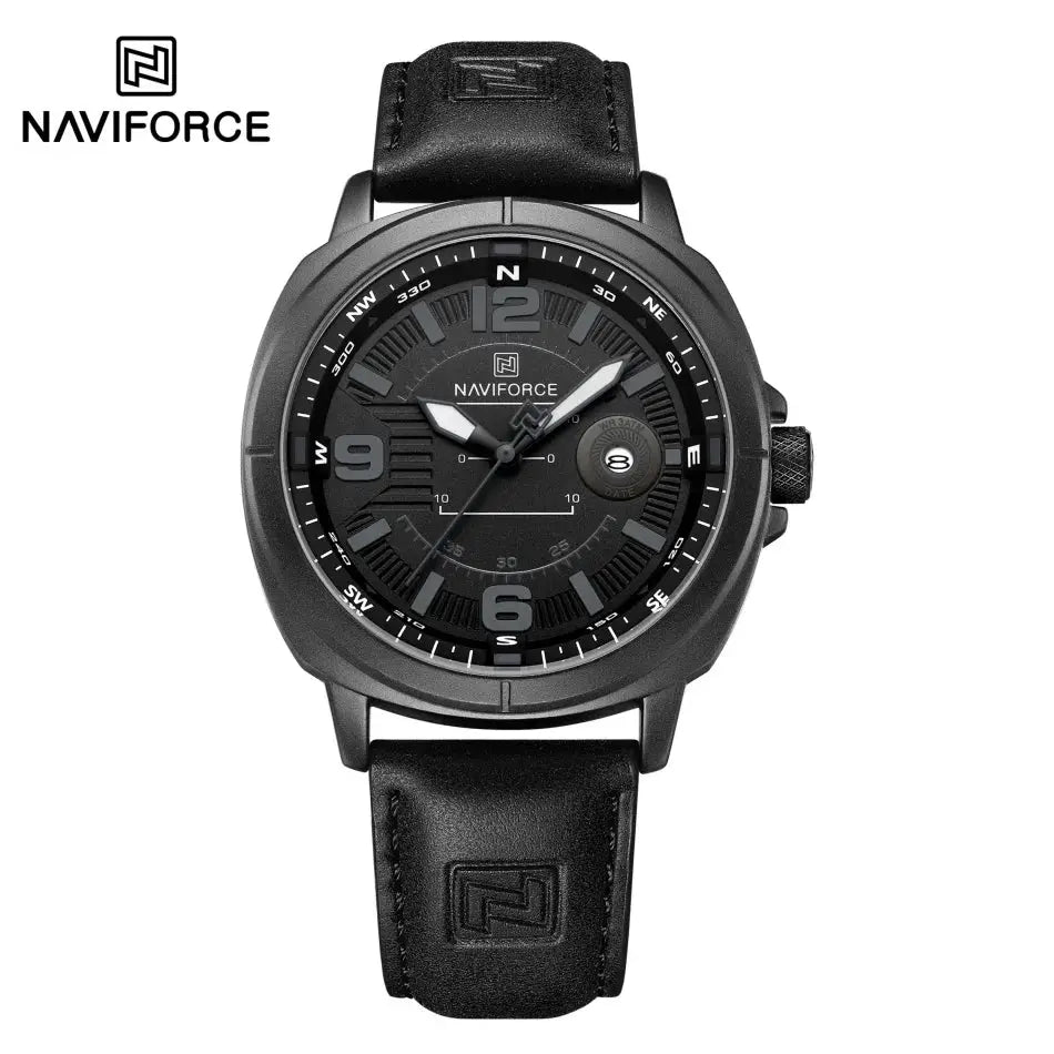 Naviforce men's quartz watch with black PU strap, calendar/date display, water resistant