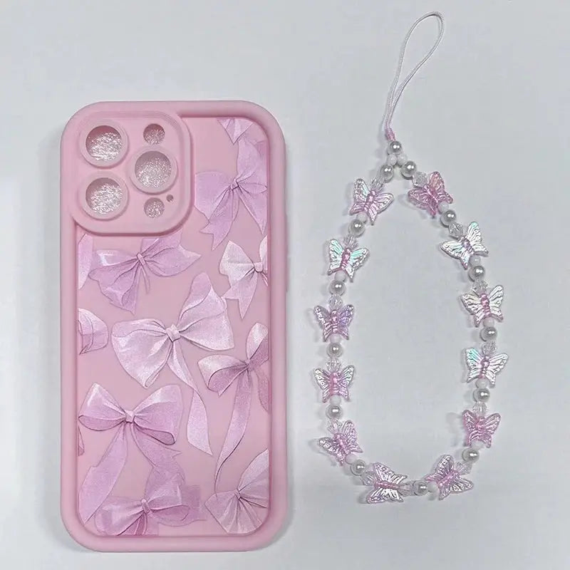 Pink Bow Silicone Case With Butterfly Charm For iPhone 7 Through 16 Pro Max Anti Fingerprint Scratch Resistant