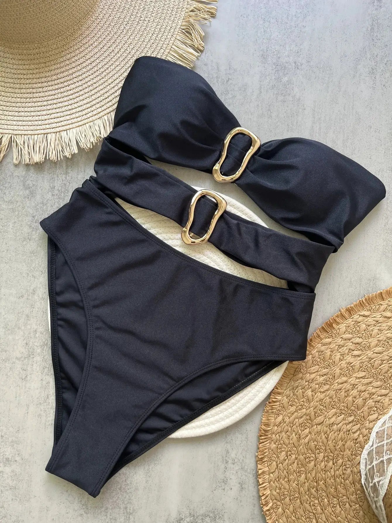 3 Colors Sexy Metal Rings Cut Out Women Neoprene Swimwear One Piece Bandeau High Leg Bathing Suit