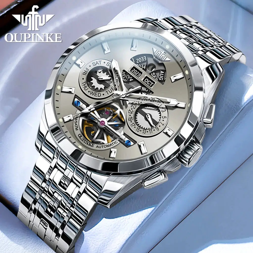 OUPINKE men's skeleton automatic watch with date, stainless steel bracelet