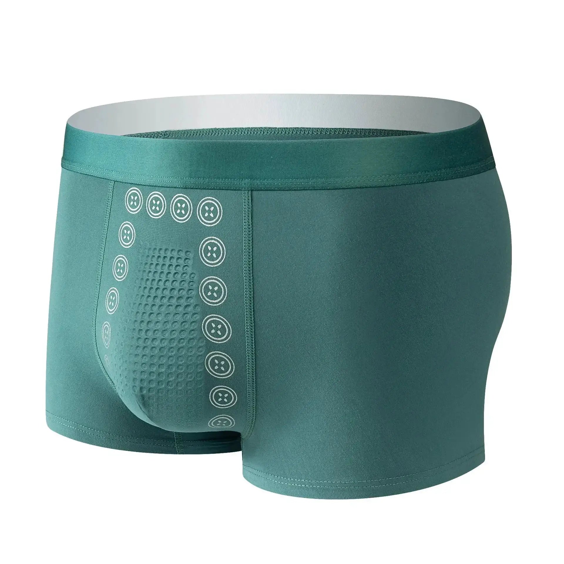 Men's boxer shorts in teal with mid-waist band and breathable panel featuring circular dot pattern design.
