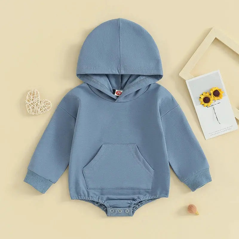 Baby Hooded Romper With Front Pocket Long Sleeve Solid Color Bodysuit For Newborn Boys And Girls Spring Autumn Playsuit