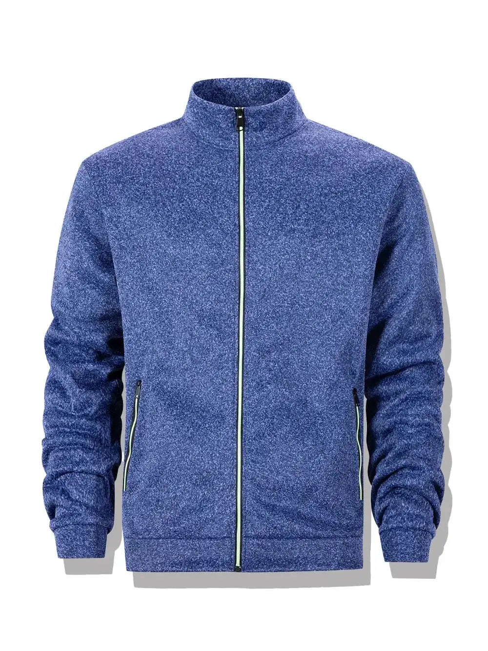 Men's blue heathered full-zip jacket with stand collar and lime-green zipper trim.
