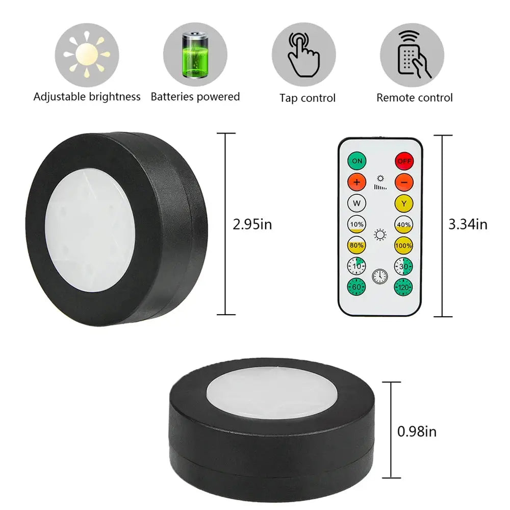 Black round LED under-cabinet puck lights (1–6 pcs) by Simples Market, dimmable 3000–6500K with remote.
