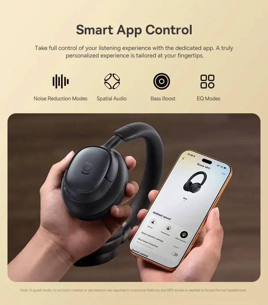 Baseus Bowie MH1 Bluetooth over-ear headphones in black with smartphone app control.