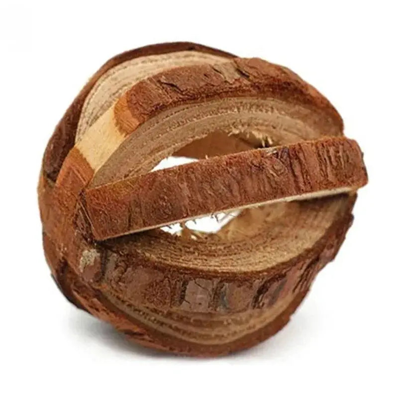 Natural wooden chew ball for small pets like guinea pigs and rats; pine wood with interwoven strips.