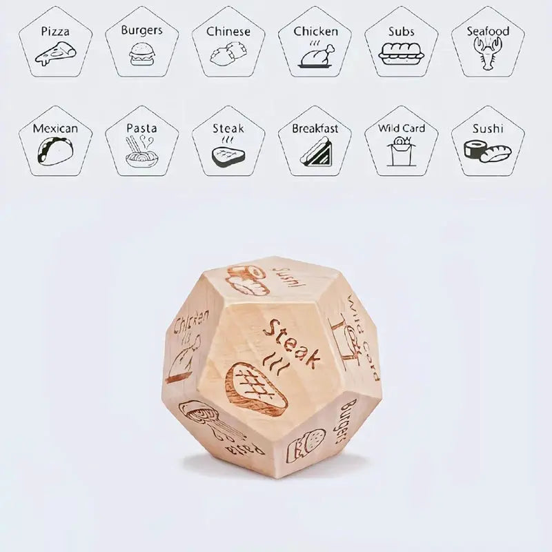 Simples Market wooden food decision dice for couples; natural wood finish with faces like Steak, Pizza, Sushi
