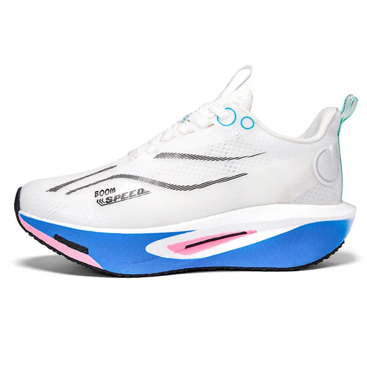 Carbon plate running shoe, white upper with blue and pink chunky midsole, lightweight marathon training sneaker Simples Market