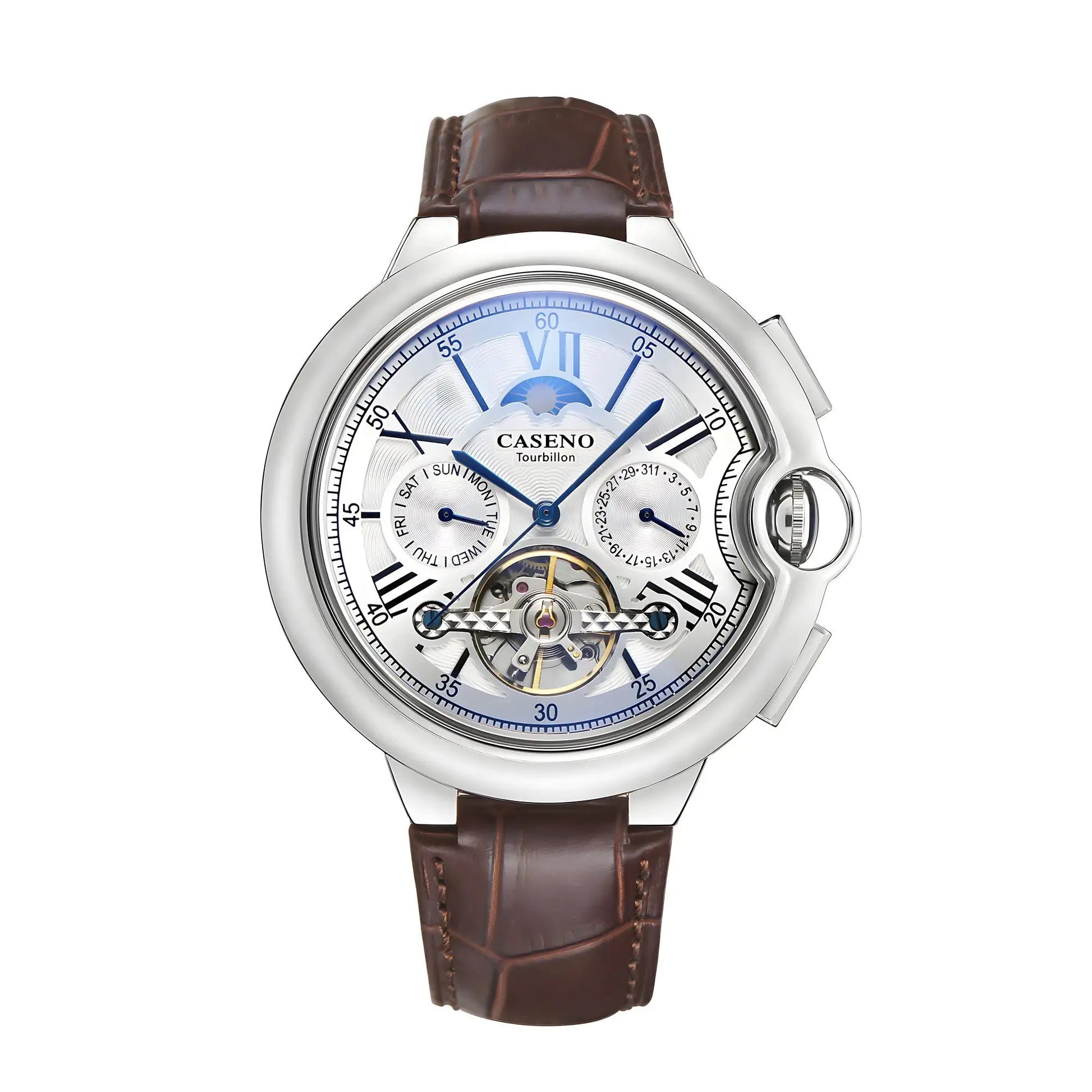 CASENO Star Roman Grand men's fully automatic tourbillon watch with brown leather strap and silver case