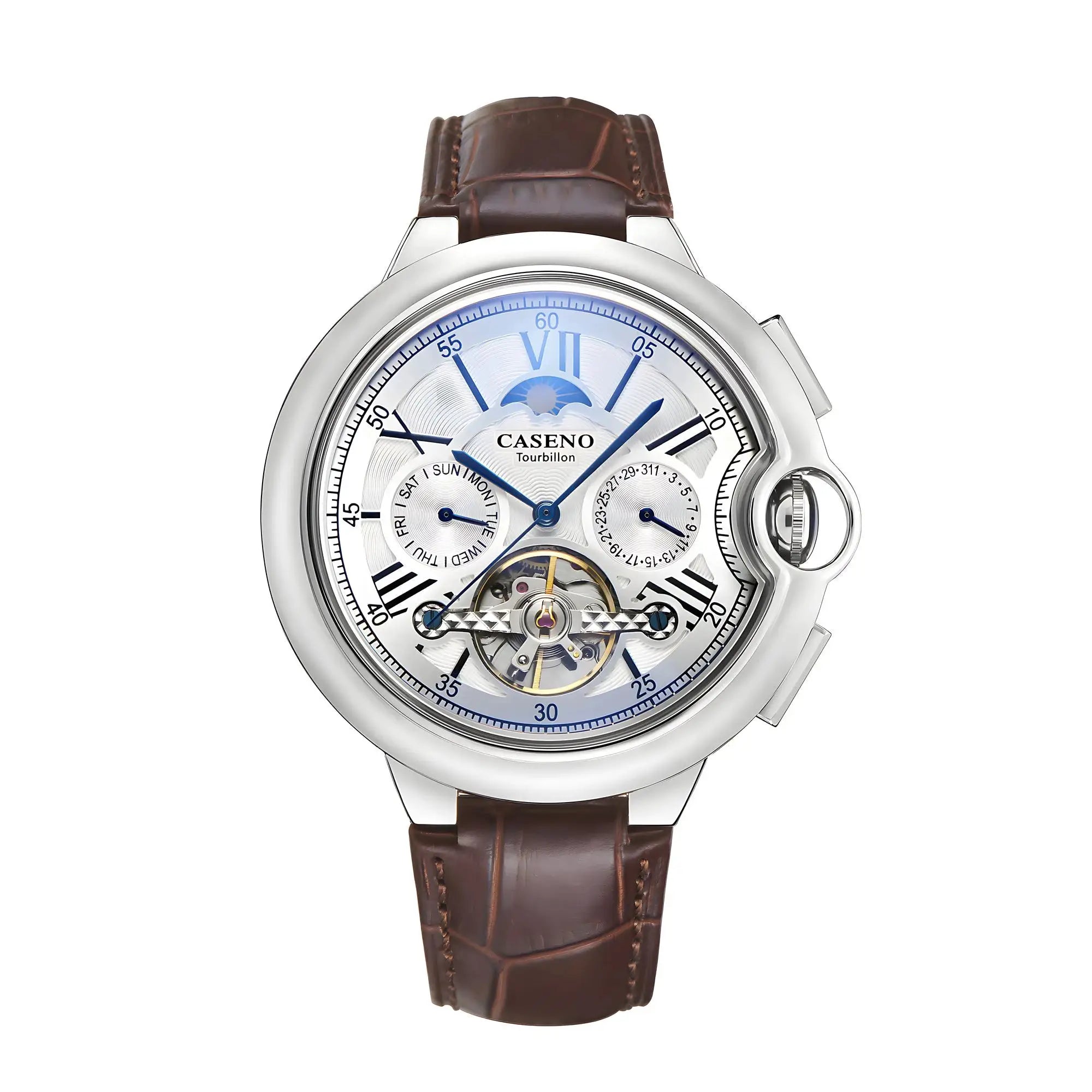 CASENO Star Roman Grand men's fully automatic tourbillon watch with brown leather strap and silver case
