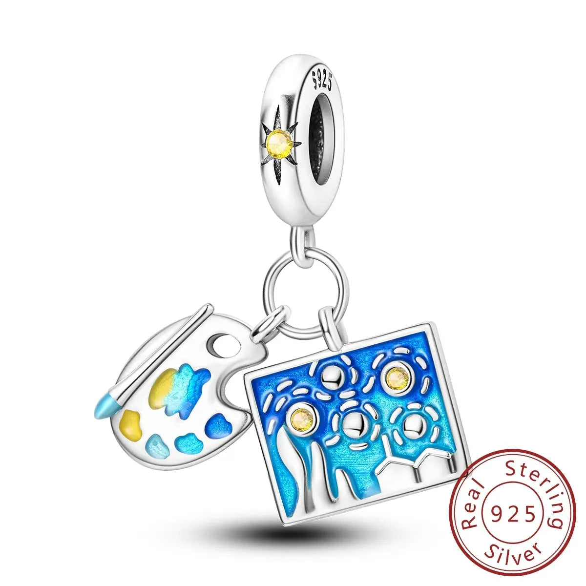 Van Gogh Starry Night 3-charms set in 925 silver with a blue panel and a colorful painter’s palette charm