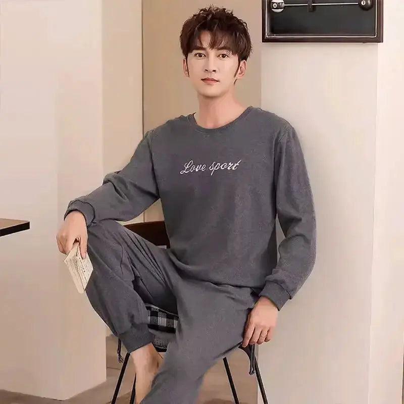 2PCS/Set Men Pajamas Long-Sleeved Korean Version of the Simple Button down Tops and Pants Nightwear Homewear Plaid Sleepwear