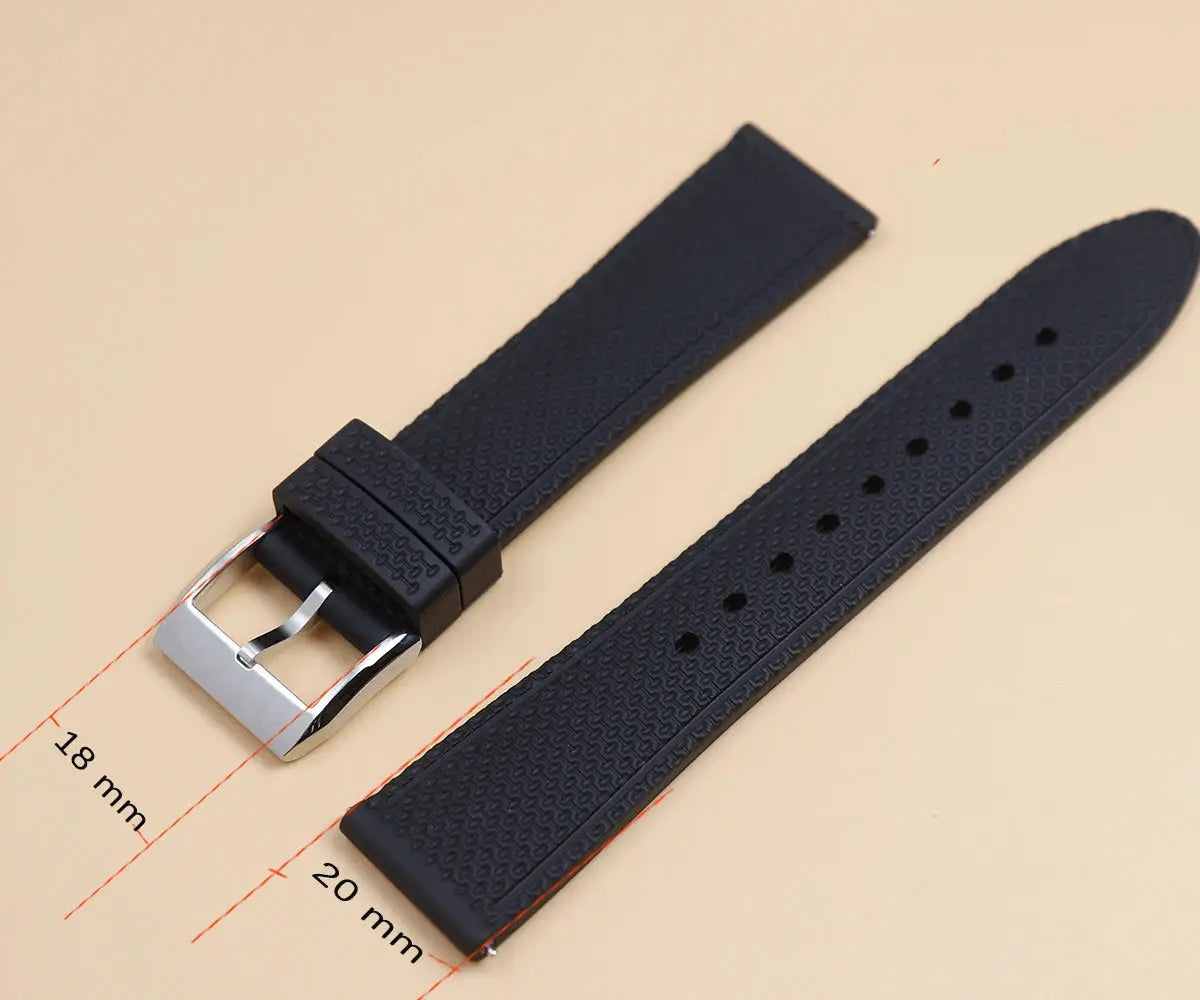 Cronos GS watch strap set, black rubber two-piece with birch-pattern texture and brushed buckle, 18/20 mm