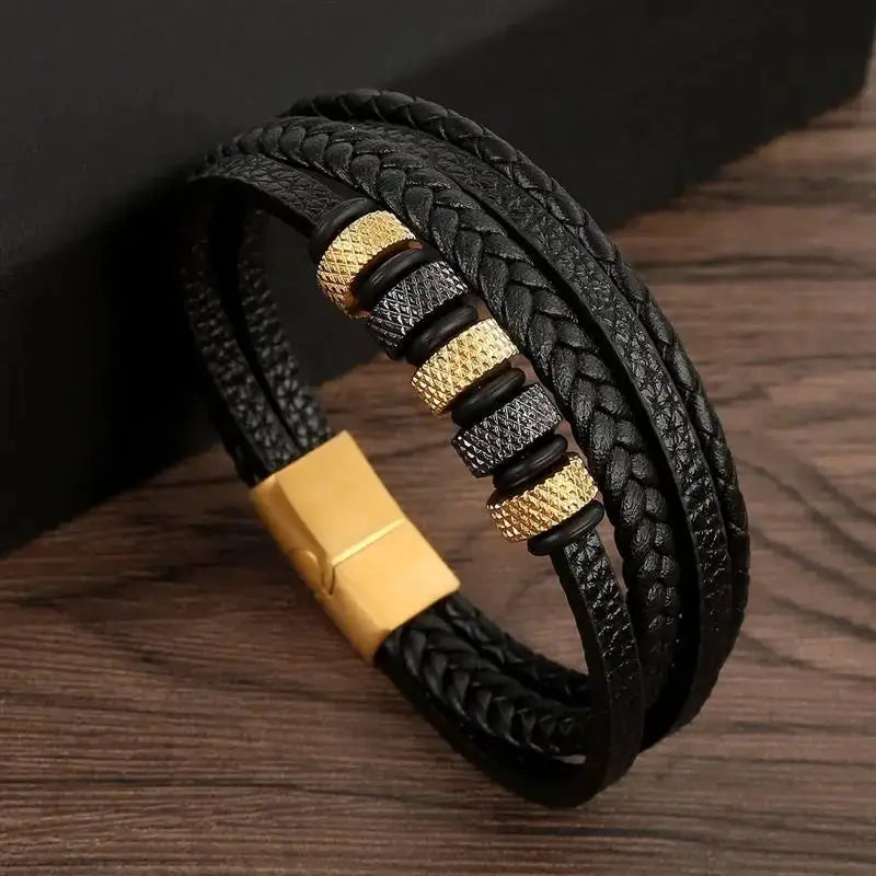Classic Mens Leather Bracelet Hand Woven Multi Layer Style Fashion Jewelry For Men Durable Casual Accessory