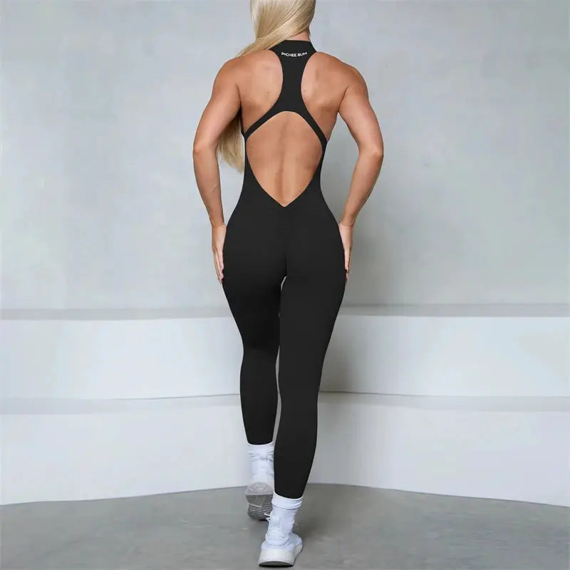 Women’s bum-scrunch sleeveless jumpsuit, black open-back athletic wear for gym and yoga by Simples Market
