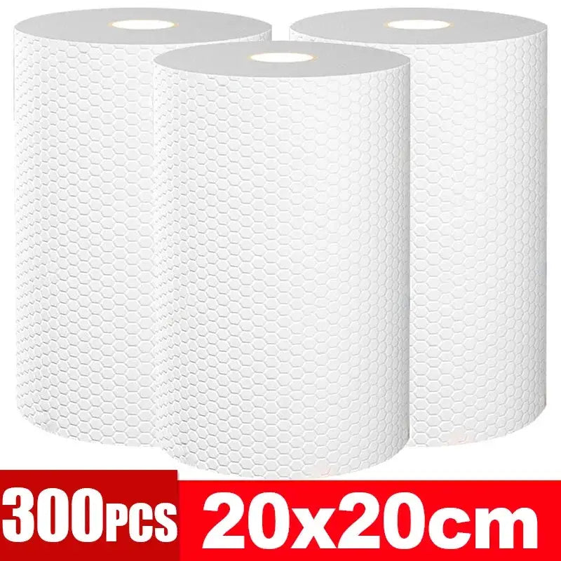 Simples Market kitchen disposable nonwoven cleaning cloths, white, 300-piece pack, 20x20 cm, 3 rolls shown