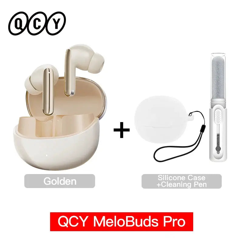 QCY MeloBuds Pro Golden wireless earbuds with charging case, silicone case and cleaning pen