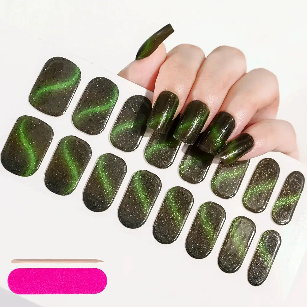 Gel nail wrap sheet by Simples Market; full-cover dark green swirl decals with glitter