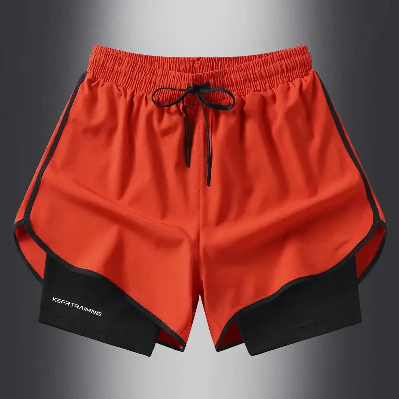 Running shorts by Simples Market, red with black side panels and inner lining, quick-dry fabric and drawstring waist