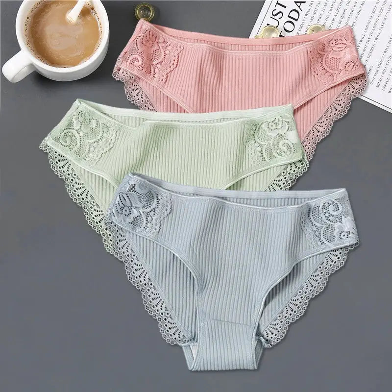 Women's cotton panties, 3-piece set in pink, mint green, and pale blue with lace trim; low-rise briefs.