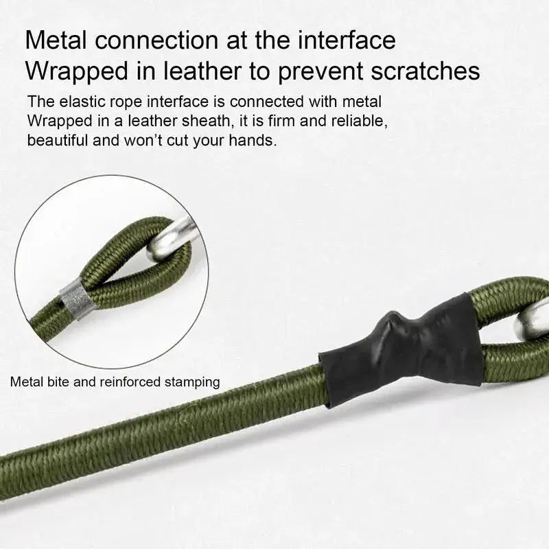 Simples Market green heavy-duty bungee cord with metal carabiner hooks and leather-wrapped ends