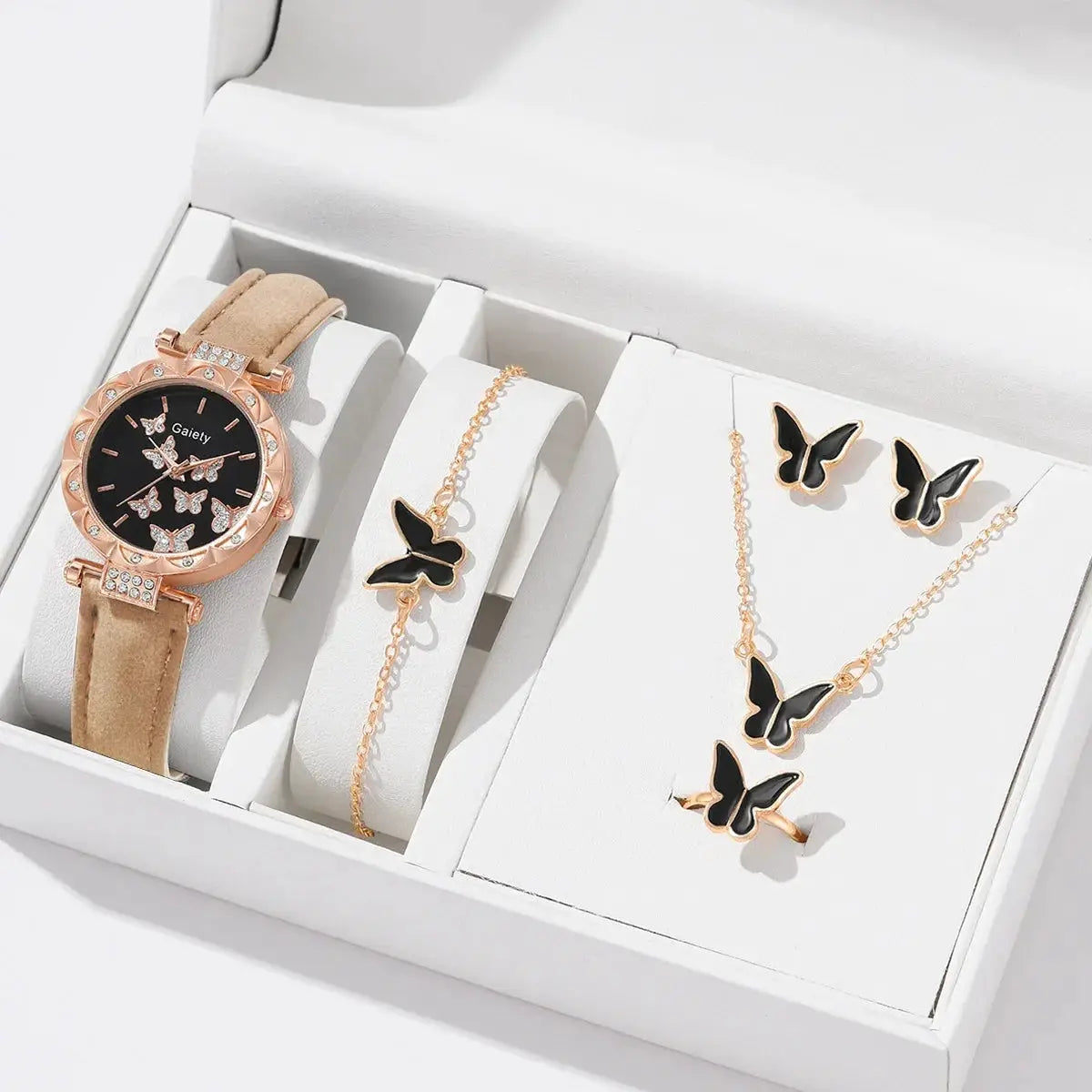 Butterfly Lane Watch Set Leather Strap Quartz Wristwatch With Matching Ring Necklace Earrings Bracelet