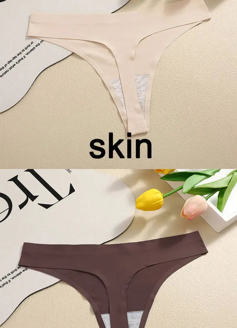 G-string underwear two-piece set in beige and brown, low-waist seamless thong style