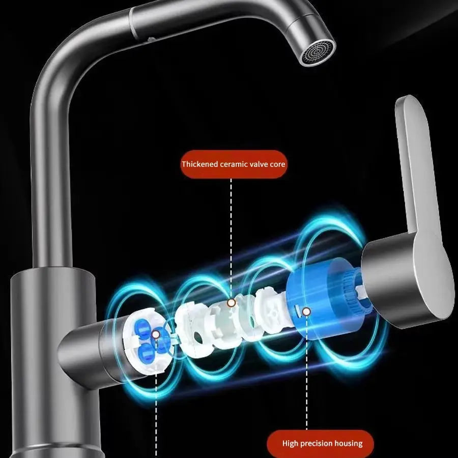 360° rotating hot/cold faucet by Simples Market with ceramic valve core and precision housing.