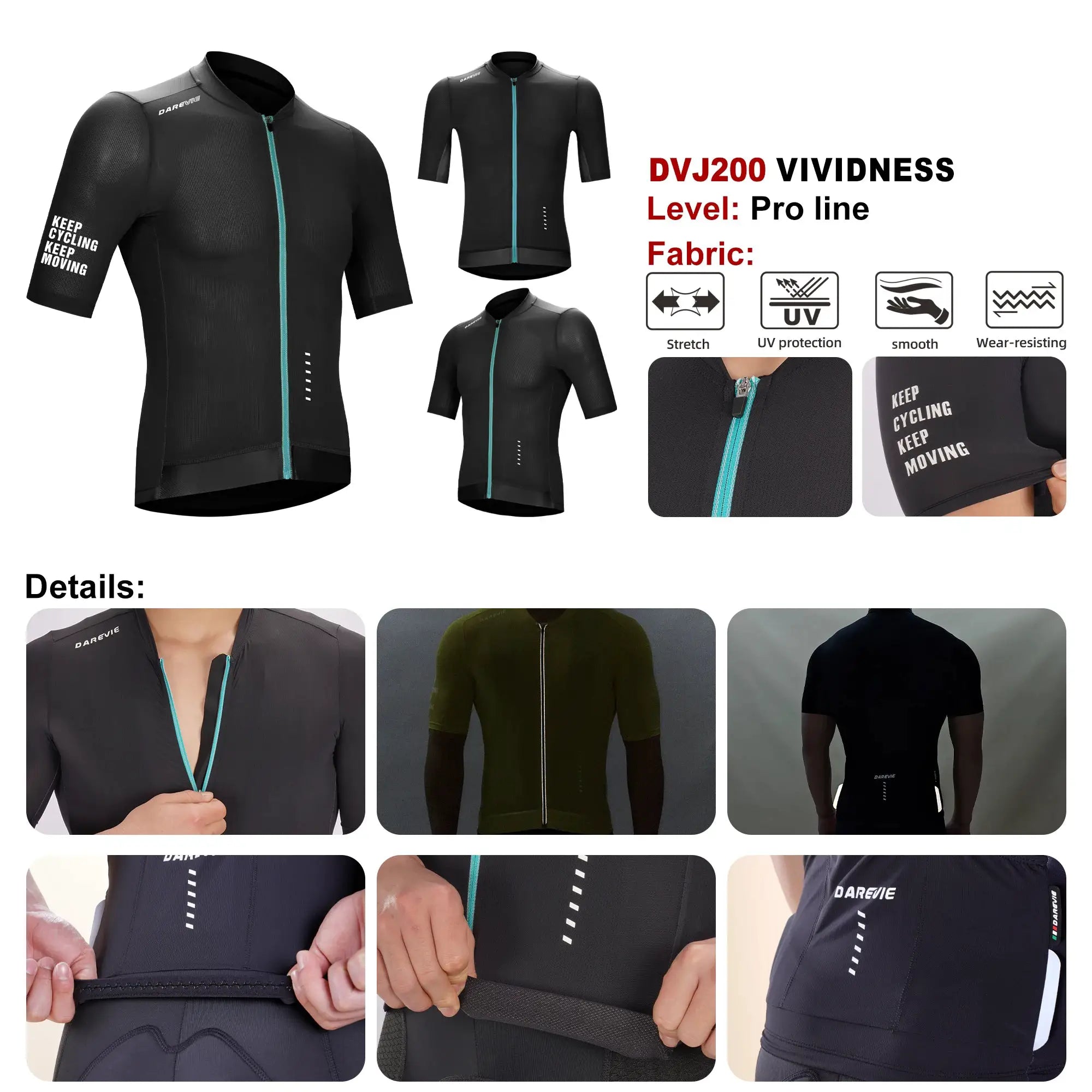 DAREVIE men's black cycling jersey with teal zipper; breathable quick-dry fabric, size small, by Simples Market