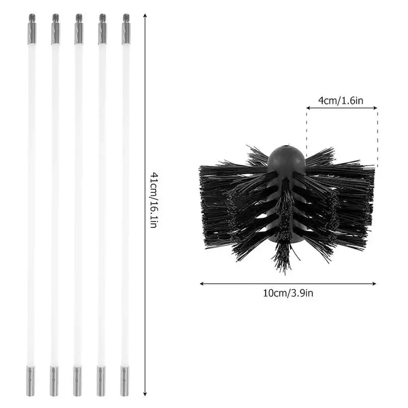 Flexible chimney sweep set with four white rods and a black nylon brush head