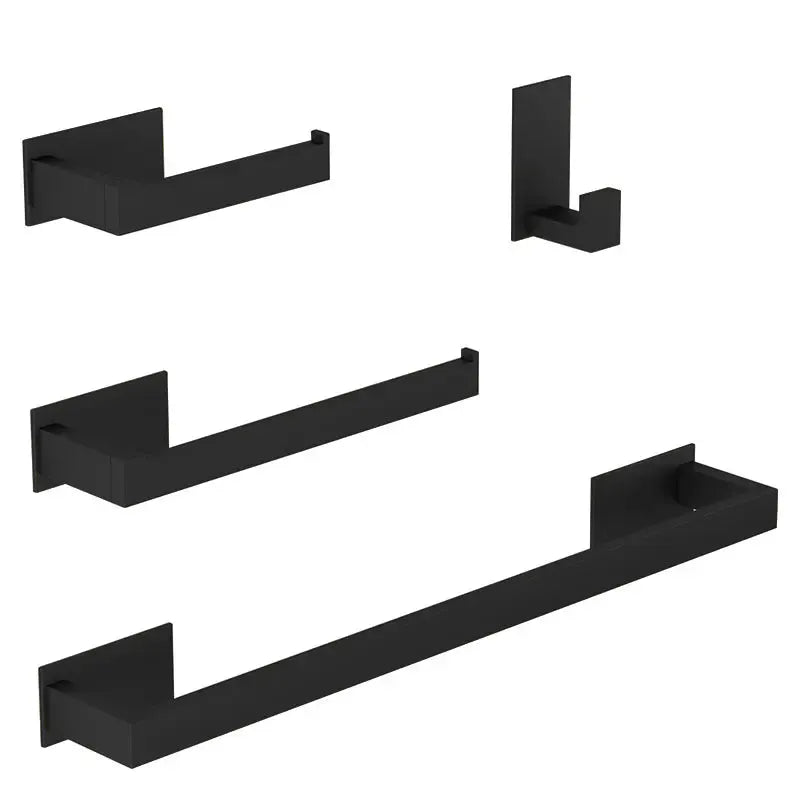 Simples Market black self-sticking bathroom hardware set, 4-piece with robe hook, towel bars, and paper holder