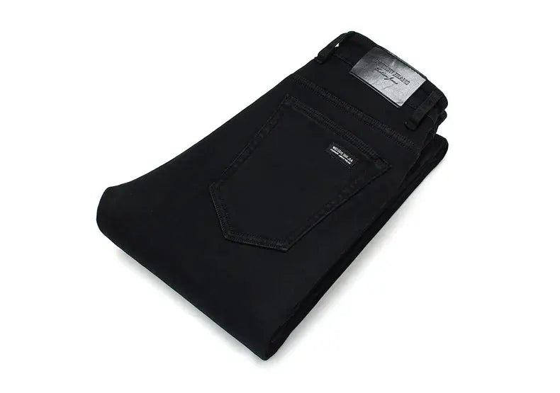Men's jeans by Simples Market, black soft-stretch denim with biker style, folded back pocket