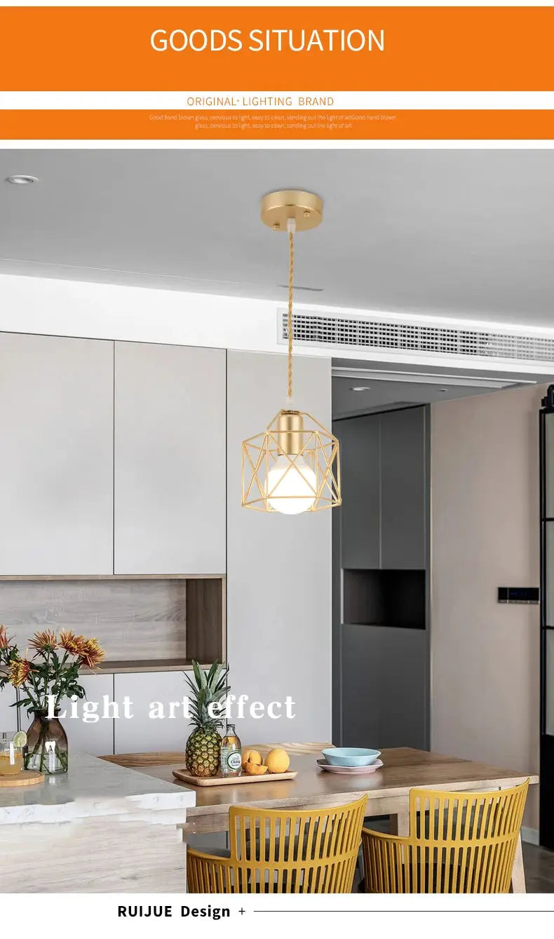 Modern LED pendant light with gold geometric metal cage over kitchen island, Simples Market.