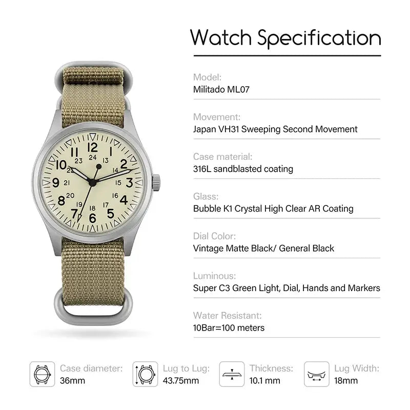 Militado ML07 military watch Simples Market; khaki strap, beige dial, 100m water resistant