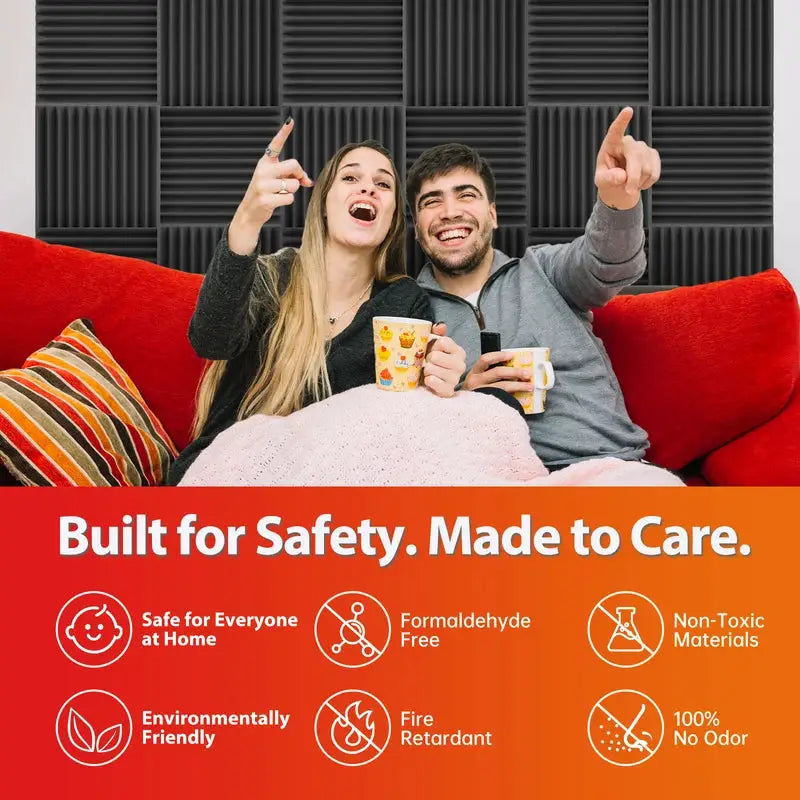 TOUO sound-absorbing foam panels on a wall; black acoustic foam tiles for studio soundproofing.