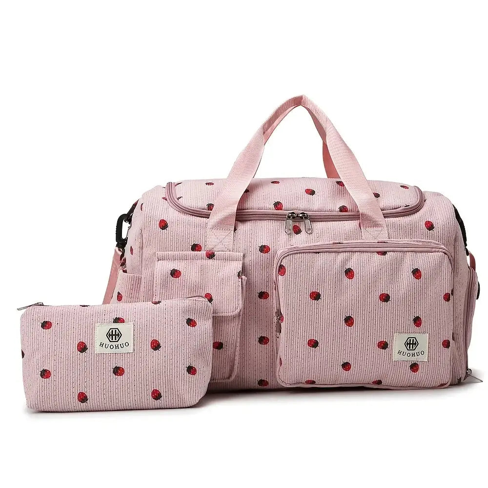 Pink corduroy strawberry-print travel bag set with a large-capacity main bag and two matching pouches by Simples Market.