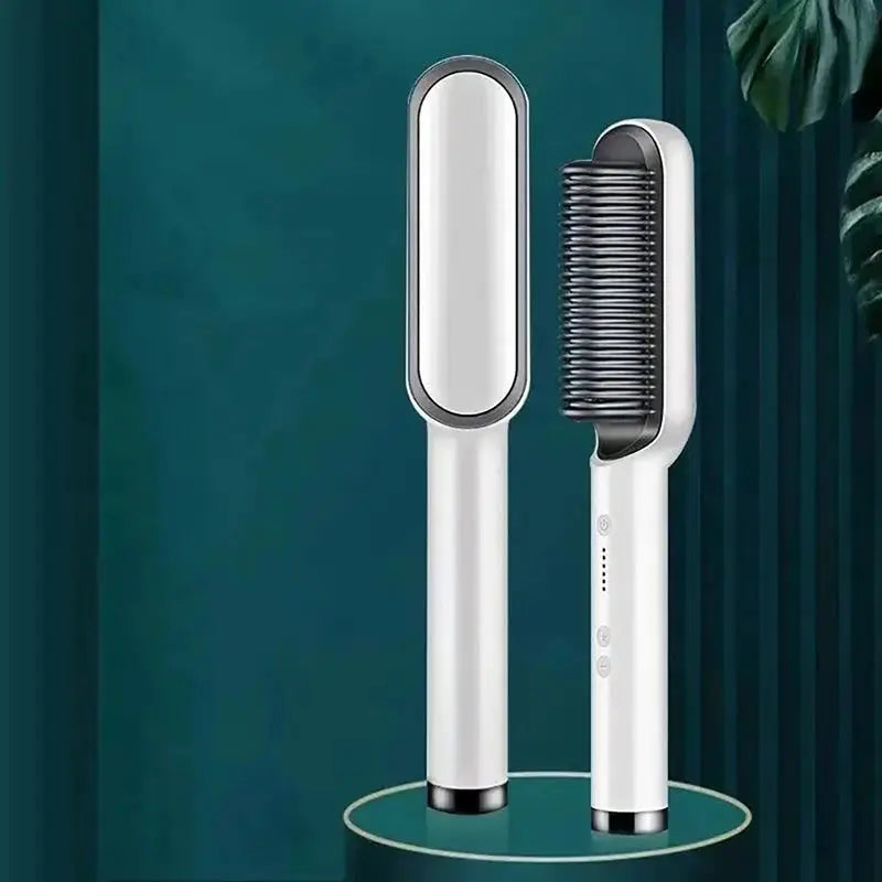 Electric PTC heat straightening brush set, two-piece white styling tool with ceramic flat iron and bristle brush attachment