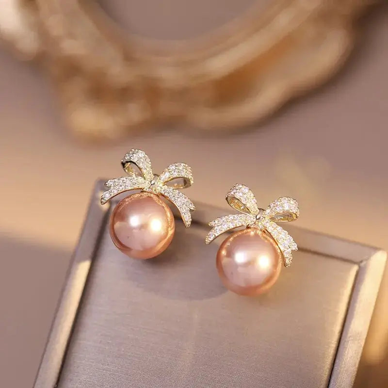 Sparkling Rhinestone Bow Pearl Stud Earrings for Women Light Luxury Fashion Jewelry Gift for Wedding Birthday