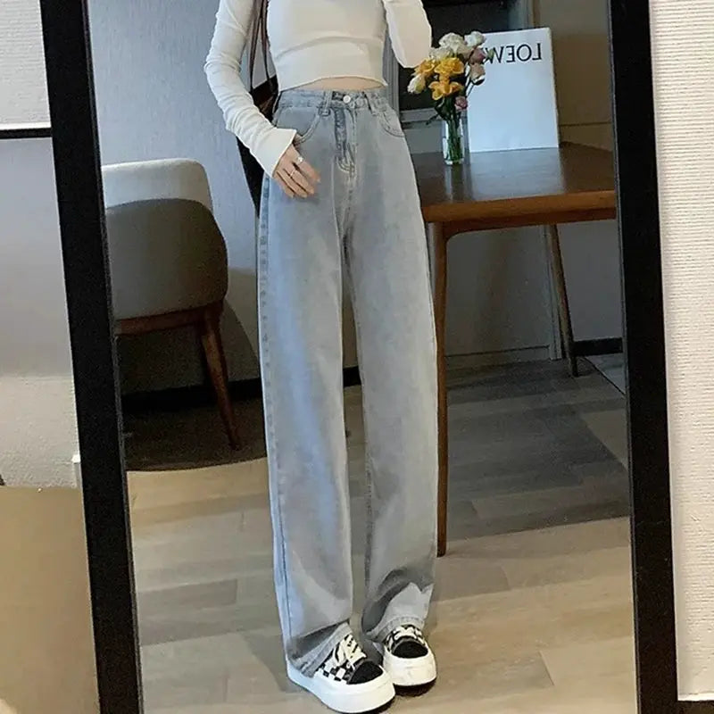Womens Vintage Wide Leg Jeans High Waist Denim Pants Black Grey Blue