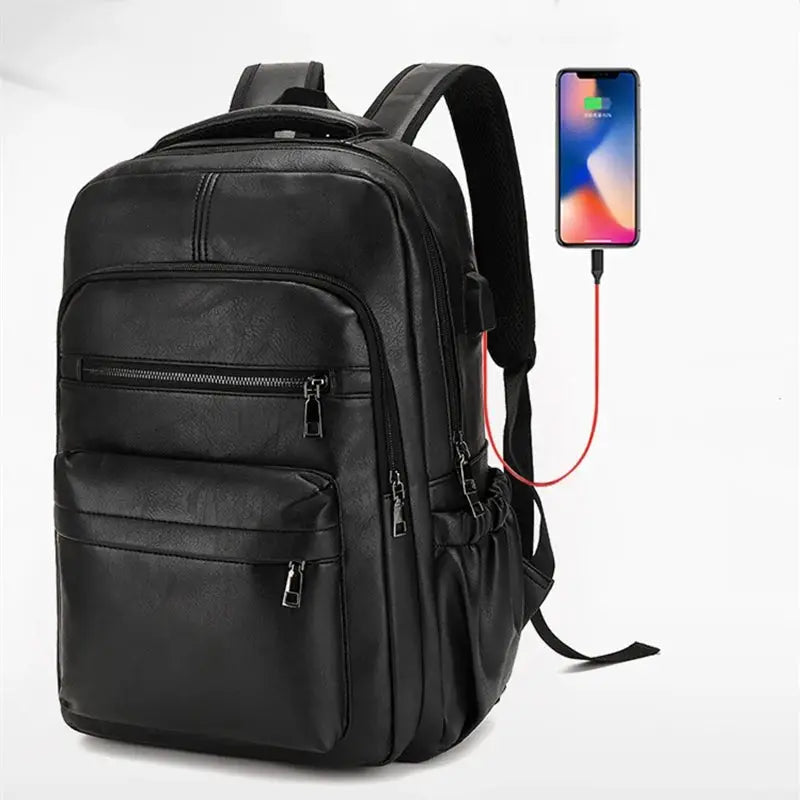 USB charging PU leather backpack with built-in charging capability and smartphone connected.