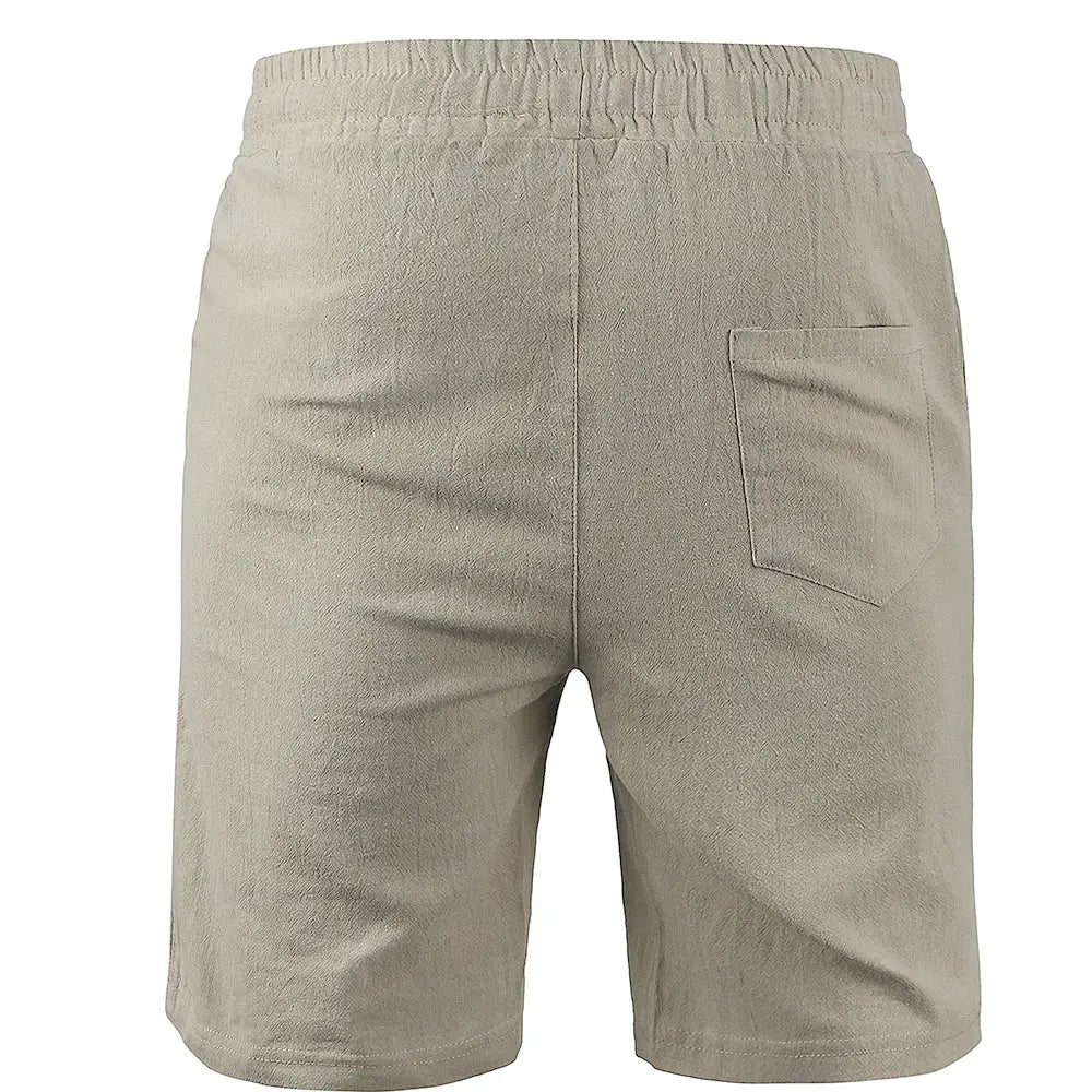 Men's beige cotton-linen shorts with elastic waistband and a single back pocket.