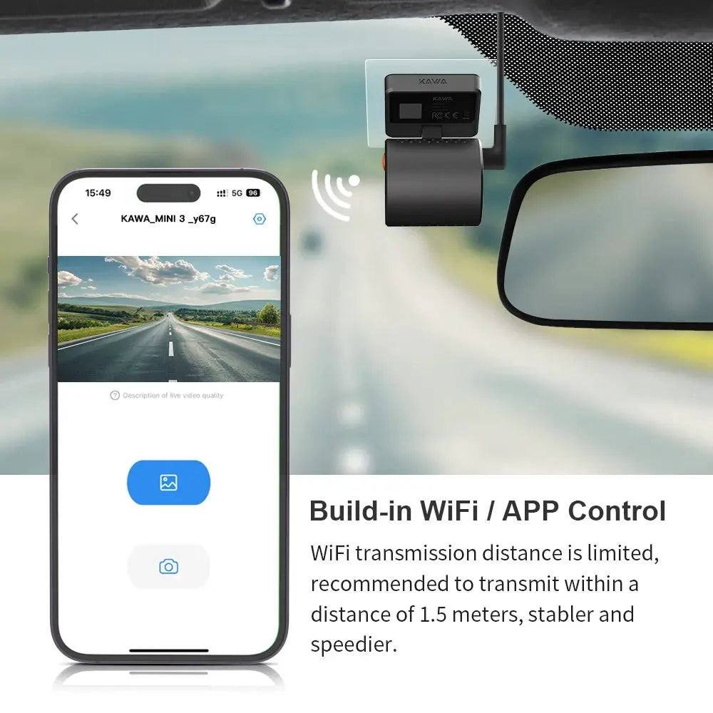 KAWA Mini 3 dash cam in black with built-in WiFi and app control (2K)