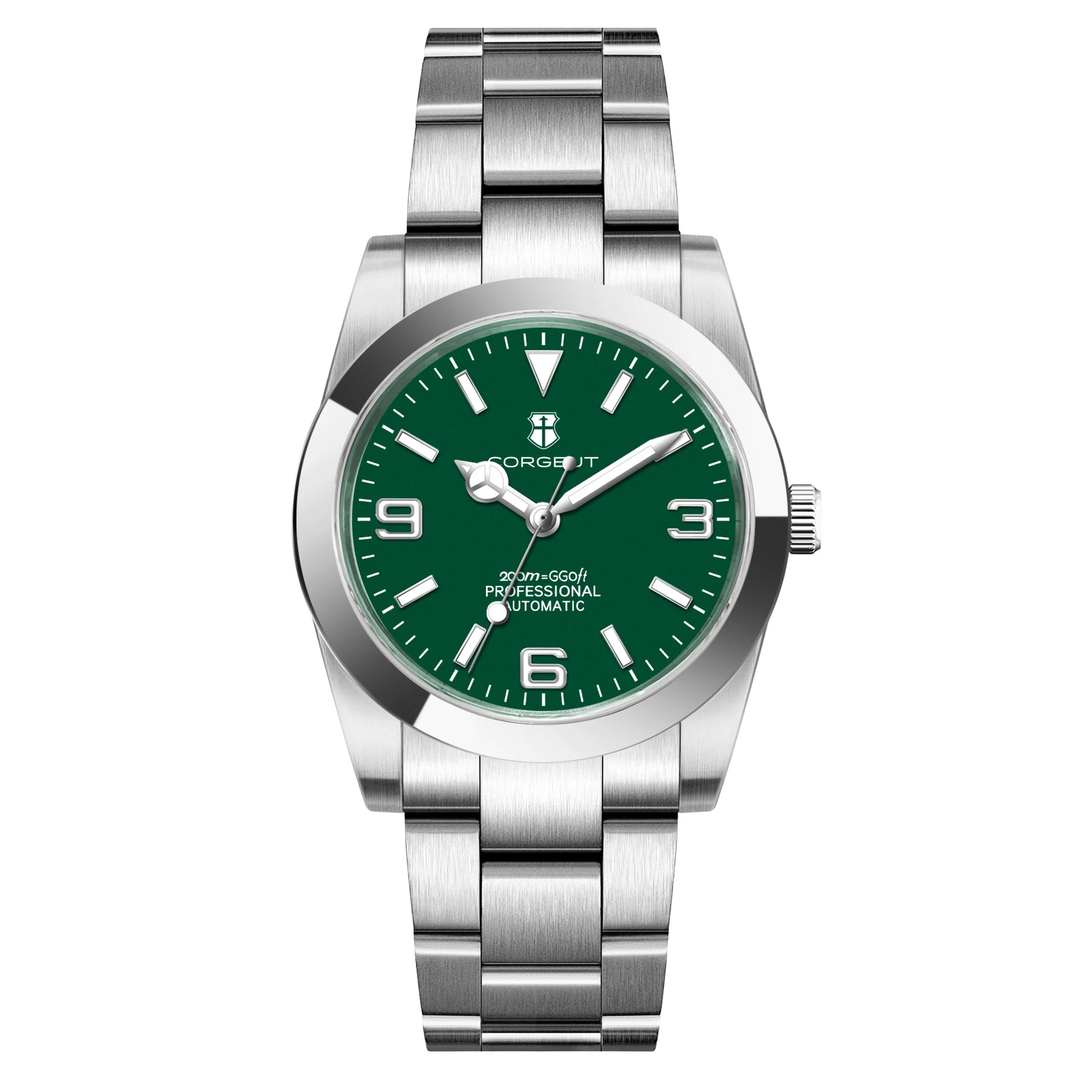 Corgeut stainless steel automatic wristwatch with green dial, 36/39mm case