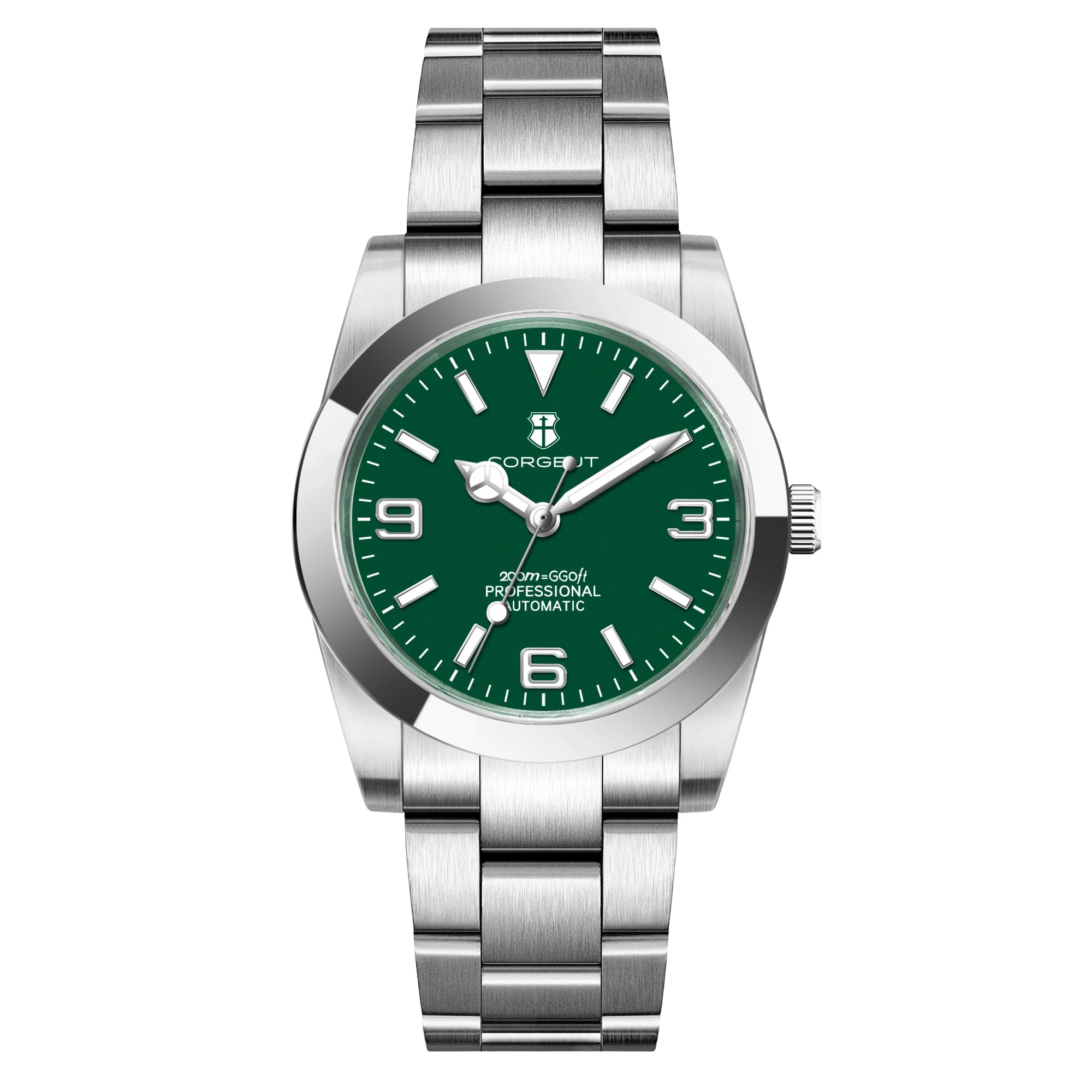 Corgeut stainless steel automatic wristwatch with green dial, 36/39mm case