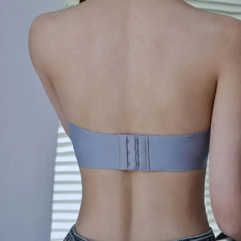 Women’s strapless push-up bandeau bra in gray-blue with back hook closures
