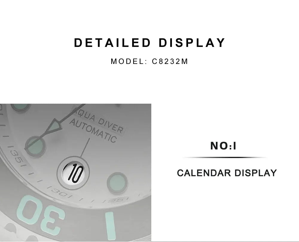 CADISEN Aqua Diver automatic watch dial close-up with date window 10 and luminous markers