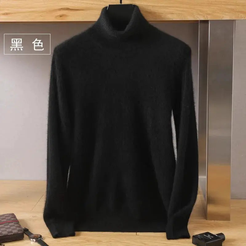 Men's black mink velvet cashmere sweater, high-neck knitted long-sleeve pullover