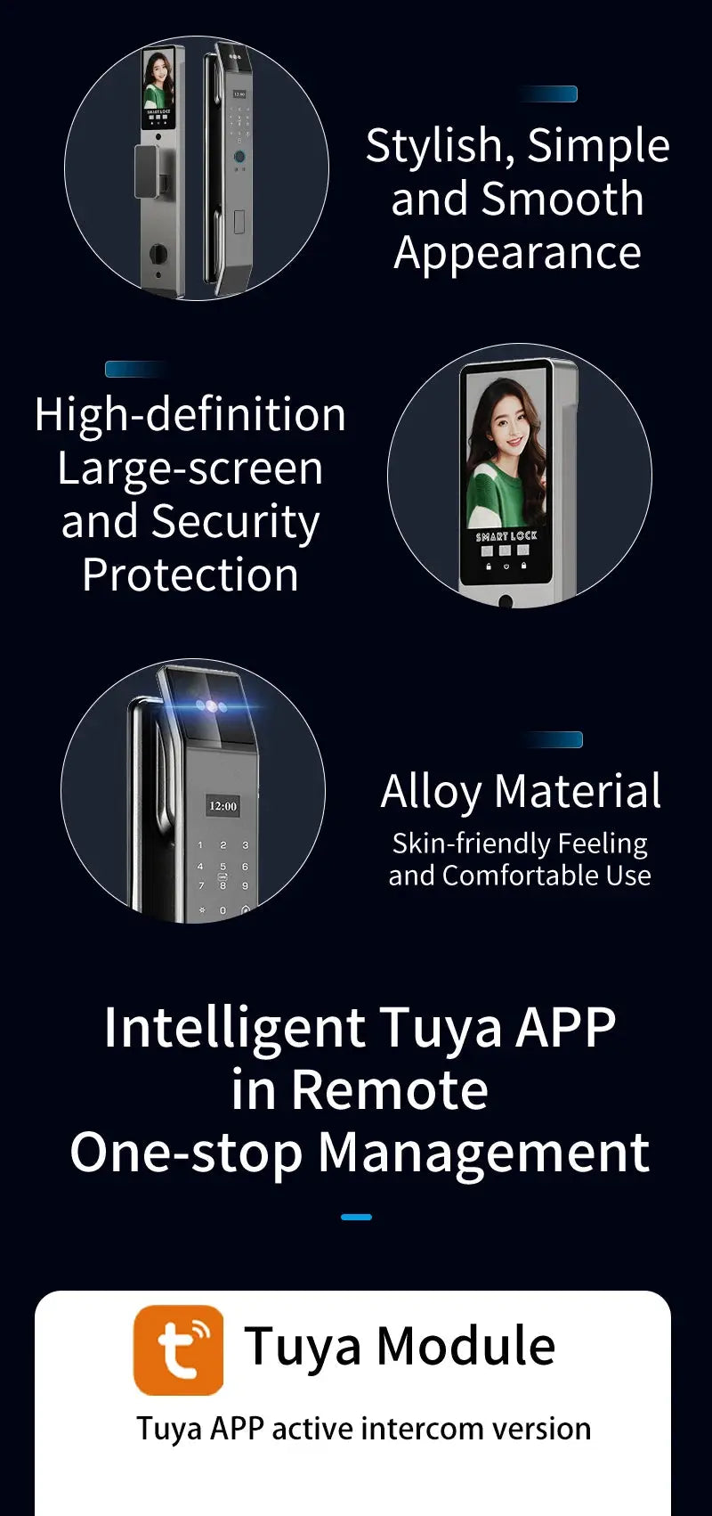 XSDTS WiFi Tuya app smart door lock with camera and face recognition; alloy body and large touchscreen
